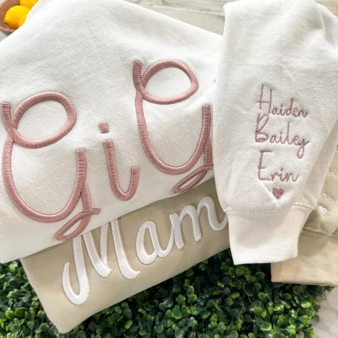 Custom 3D Puff Embroidered Sweatshirt with Kids Names on Sleeve for Mama, GiGi