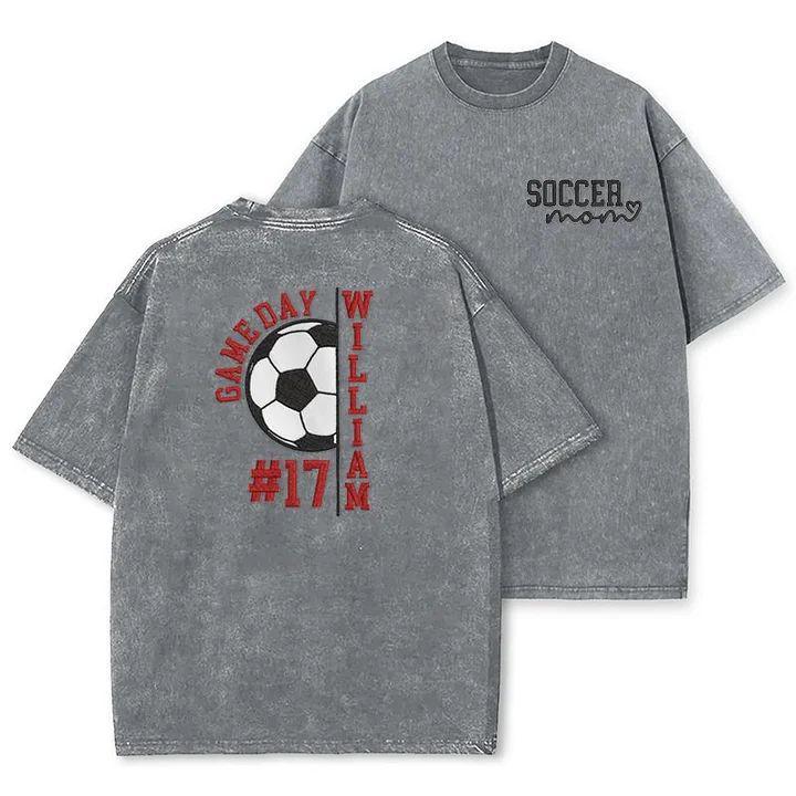 Embroidery Soccer Season Soccer Mom with Kids Name and Number Washed T-shirt | Gifts for Sports Mom