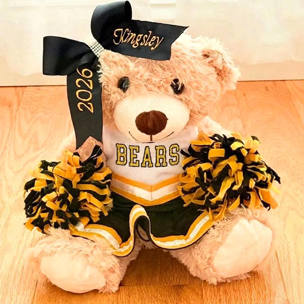 Cute Cheer Bear Gift Custom Embroidered Uniform & Bow Sport Game Day Mascot