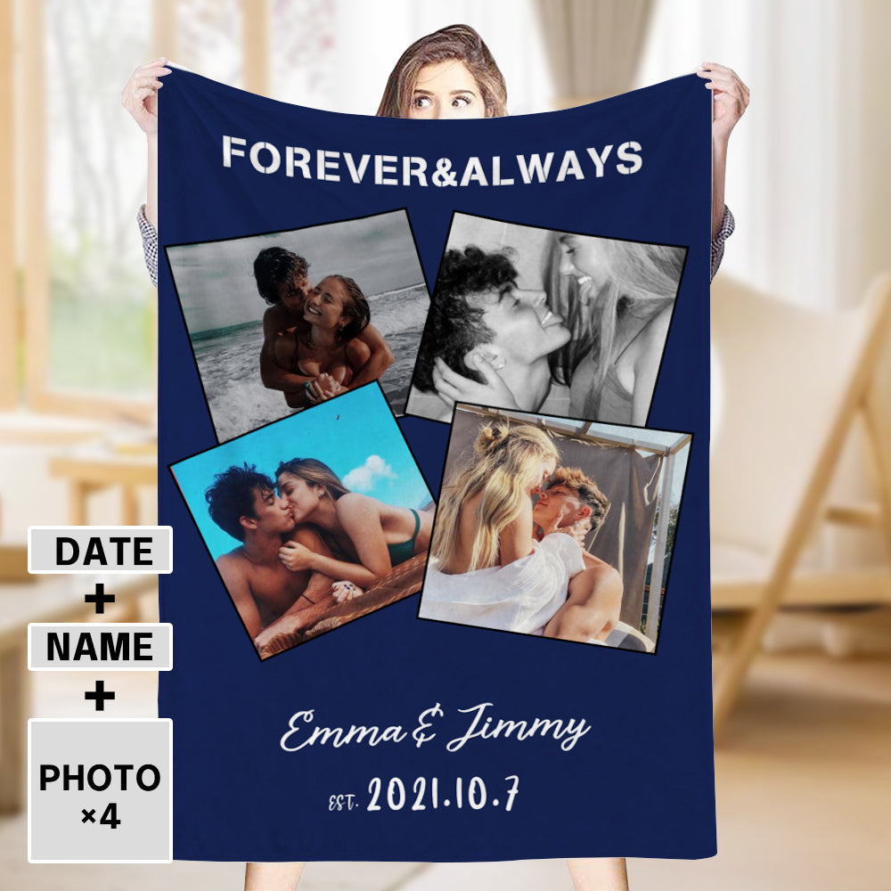 Custom 4 Photos Text Fleece Blankets for Couple