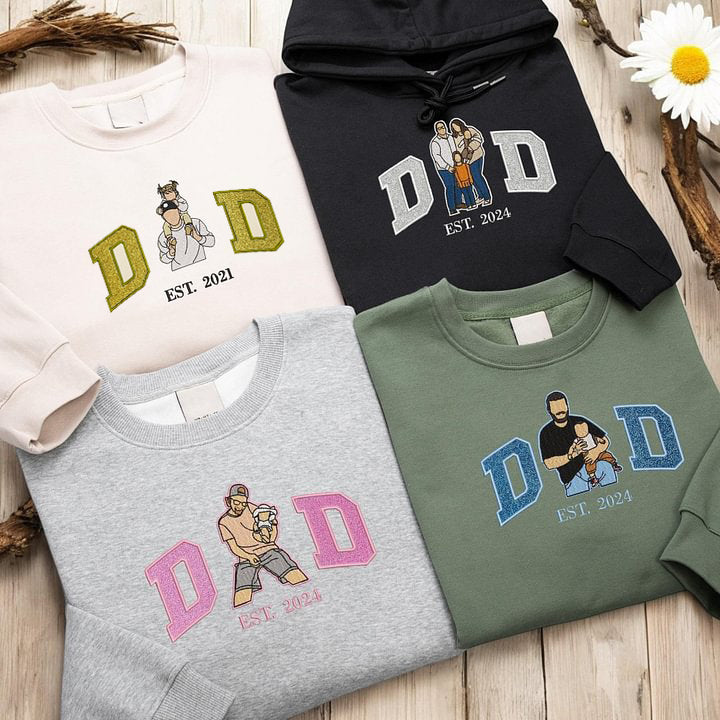 Custom Embroidered Dad Glitter Sweatshirt with Date and Kids Names on Sleeve | Father's Day Gift