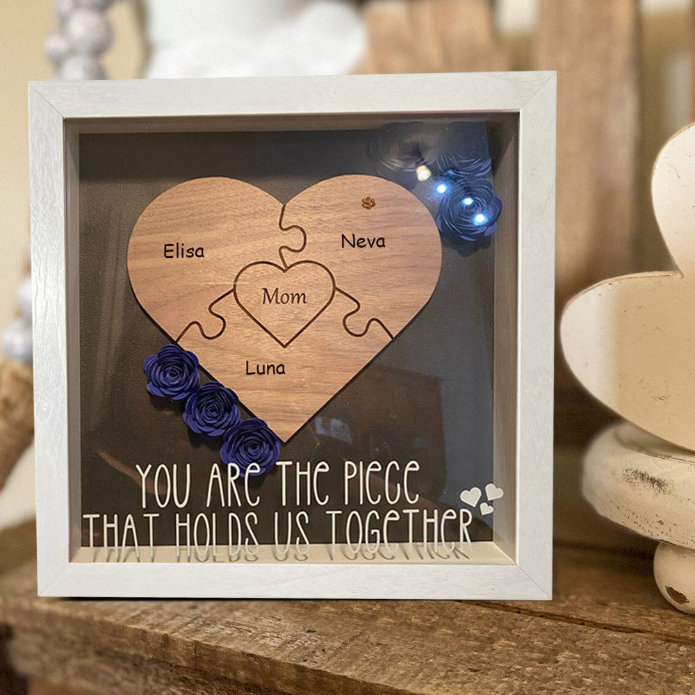 Personalized Mom Flower Shadow Box Heart Name Puzzle Piece For Mother's Day