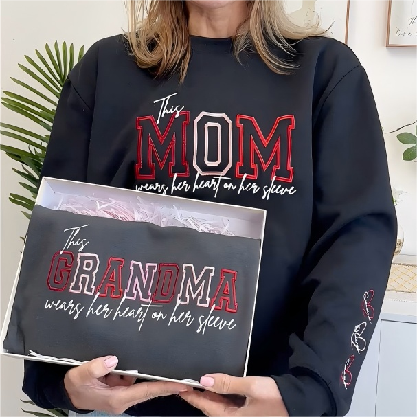 Wear Your Heart on Your Sleeve – Embroidered Mama Sweatshirt with Kids’ Names | for Mom and Grandma | Mother's Day Gift