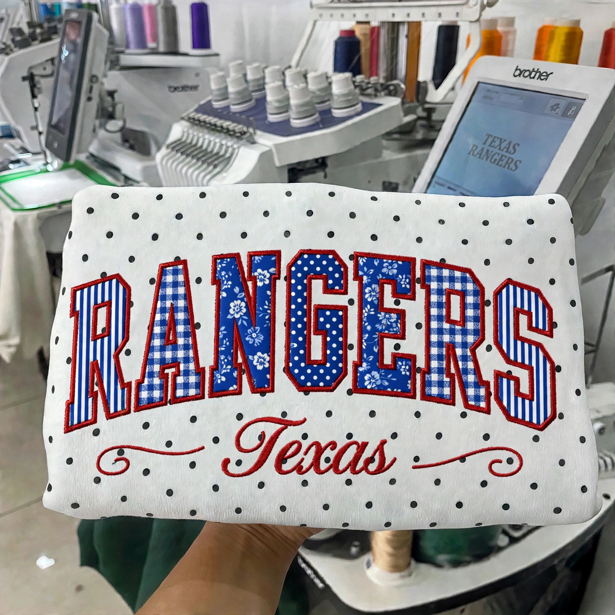 Custom Embroidered Patchwork Mix Fabric Baseball Team Polka Dot Sweatshirt | Game Day Wear