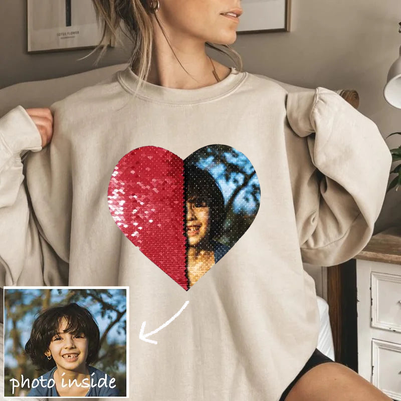 Custom Family Photo Flip Sequin Sweatshirt (Heart) Mother's Day Gift