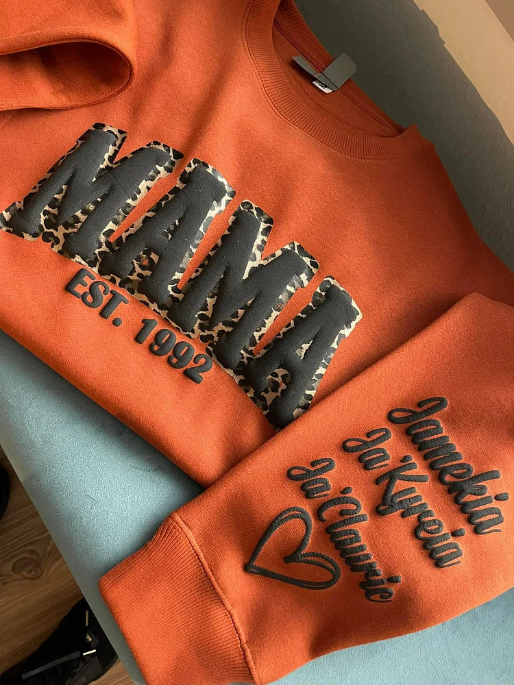 Custom Mama Leopard Puff Print Personalized Sweatshirt or Hoodie with Kids Name on Sleeve | for Mama and Grandma Gift