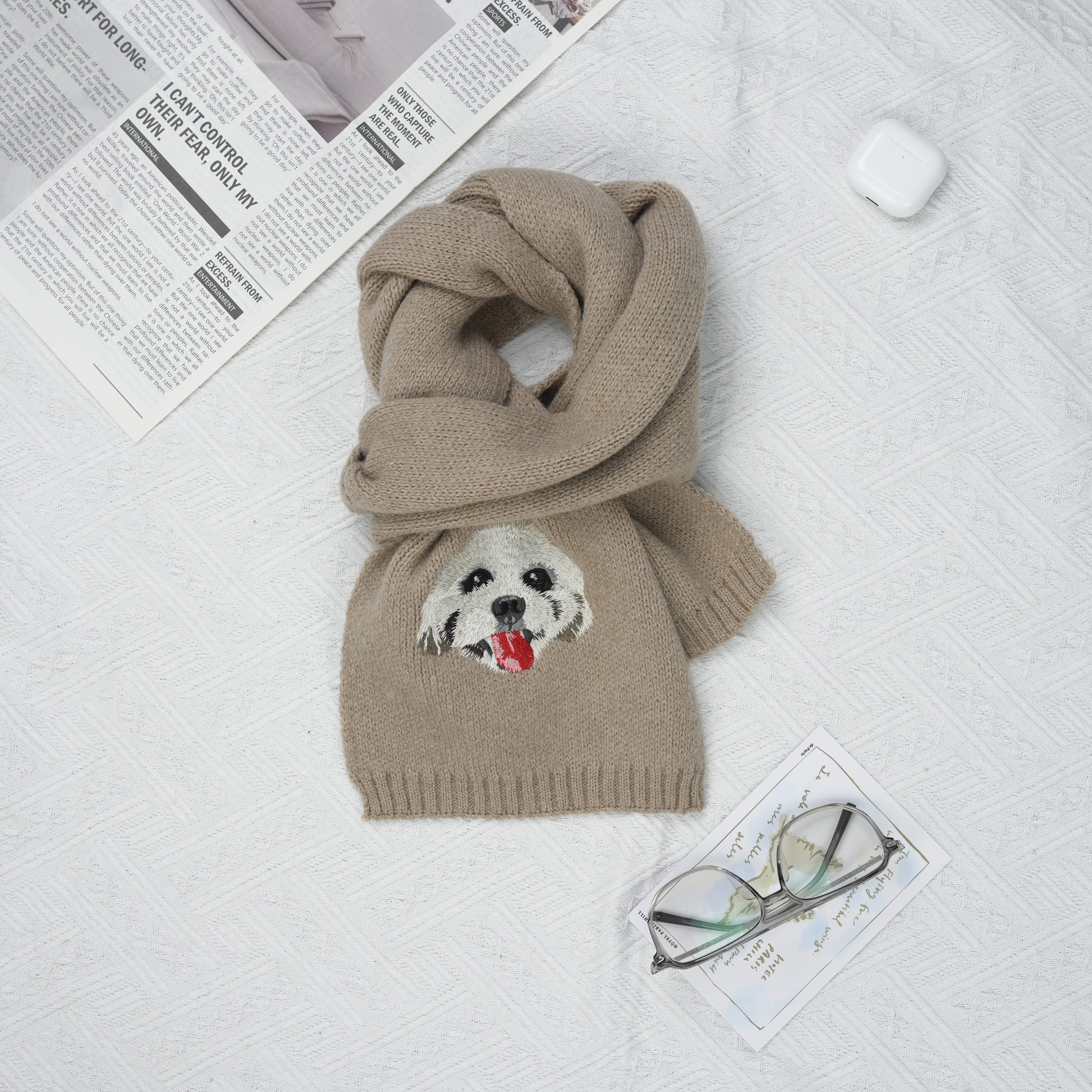 Custom Embroidered Pet Portrait Woven Scarf | Gift For Pet Lovers