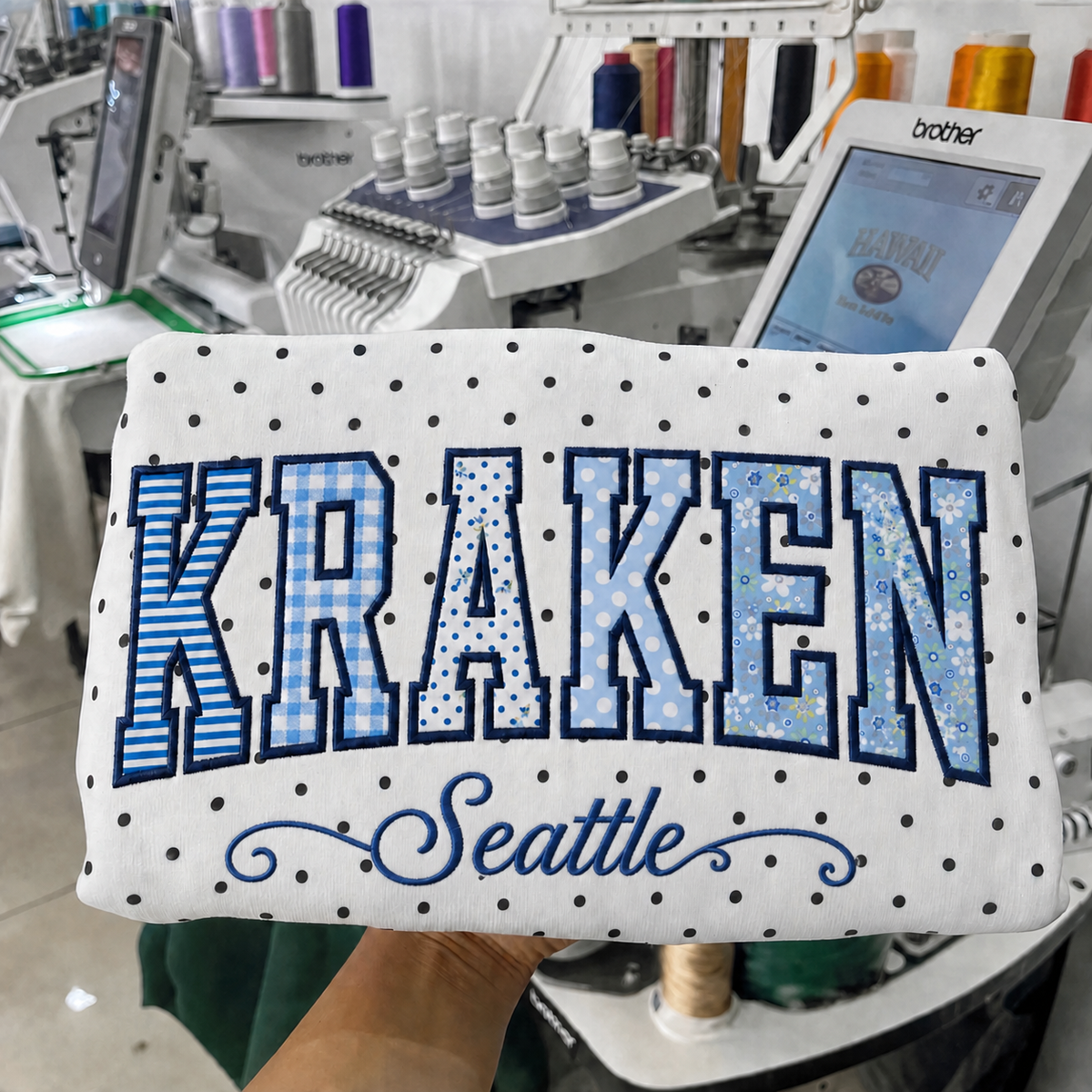 Custom Hockey Team Patchwork Embroidered Polka Dot Sweatshirt | Hockey Fan Game Day Gear