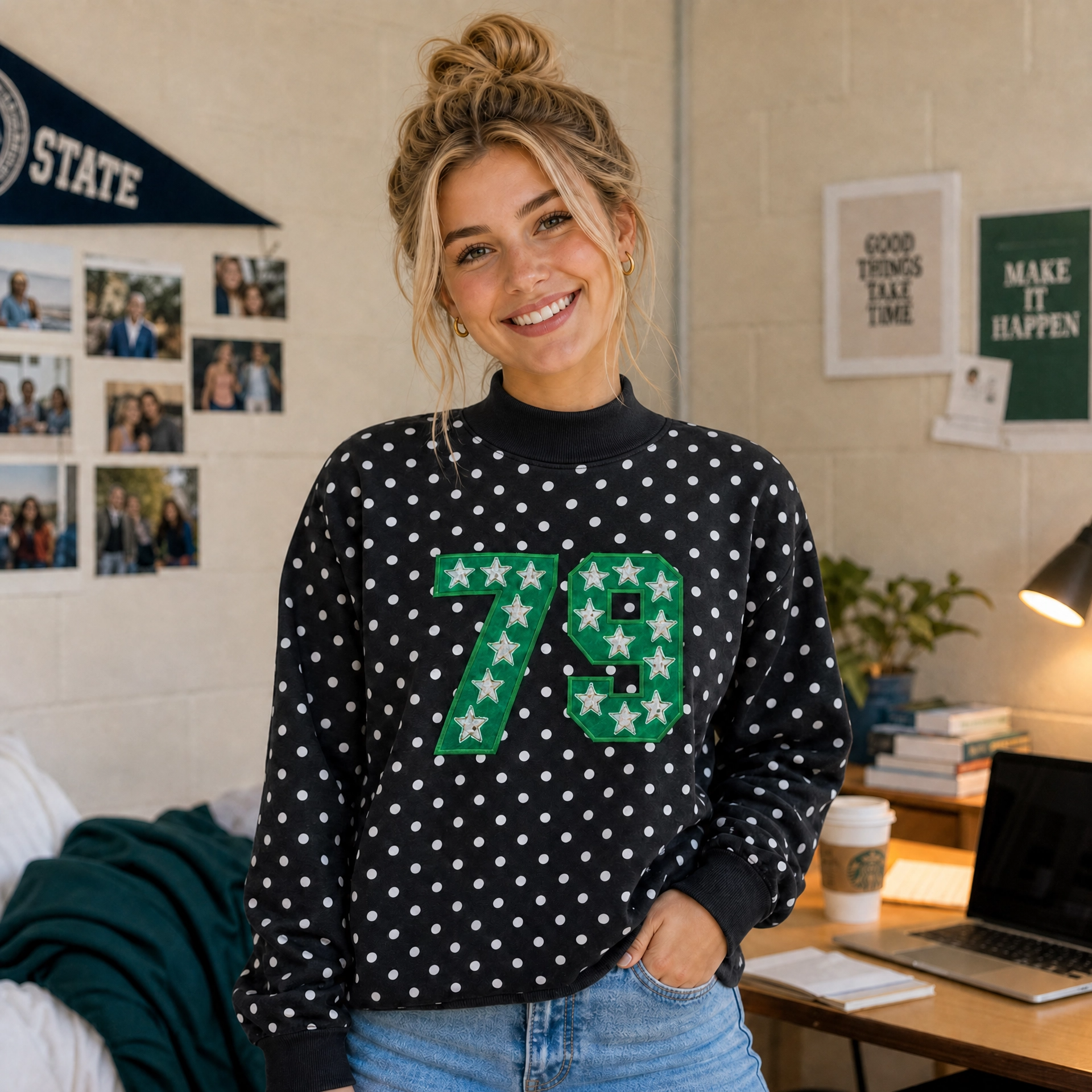 Custom Sequin & Glitter Team Number & Letters Polk Dot Mockneck – Personalized Numbers Sweatshirt | Game Day Wear
