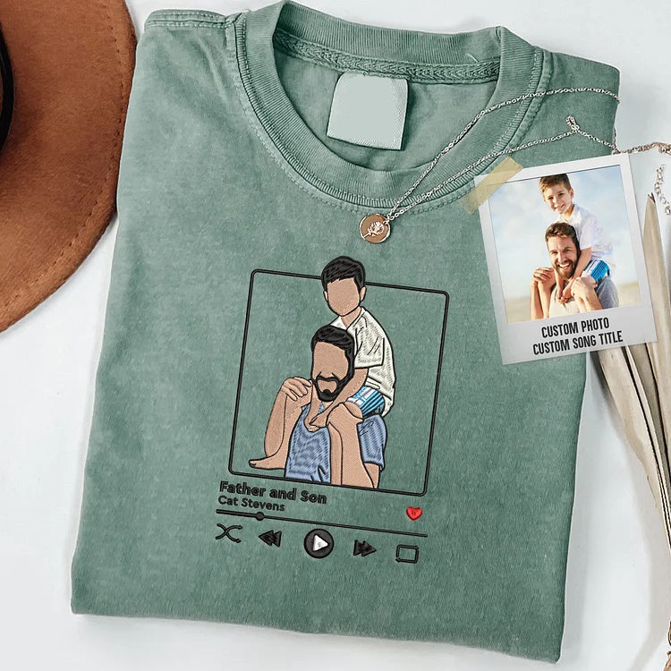 Custom Embroidered Dad Grandpa Portrait With Favorite Song Music T-shirt Father's Day Gift