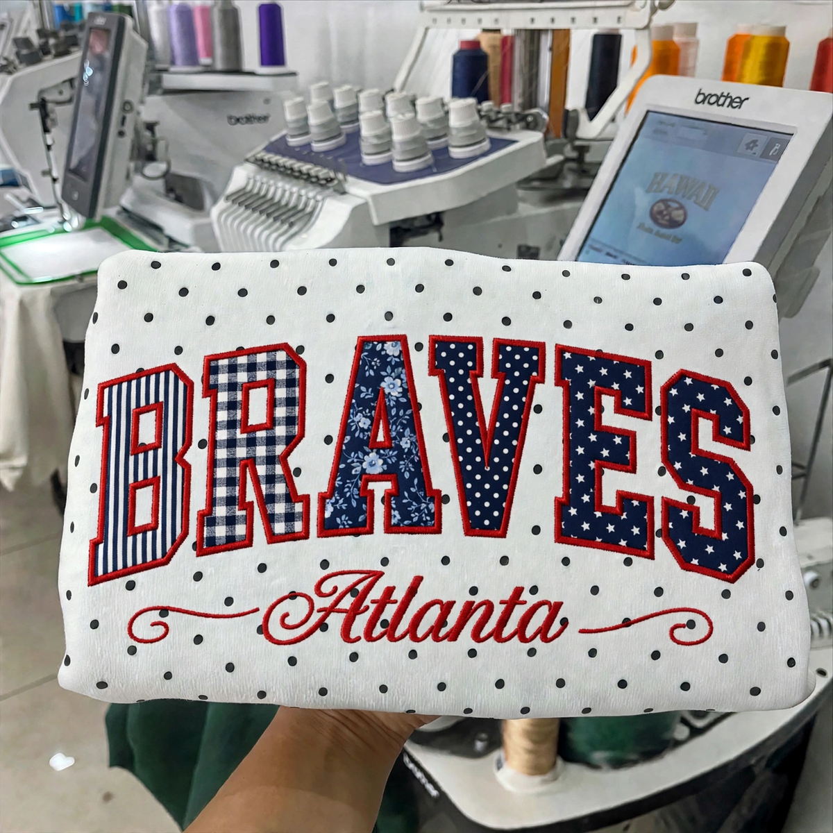 Custom Embroidered Patchwork Mix Fabric Baseball Team Polka Dot Sweatshirt | Game Day Wear