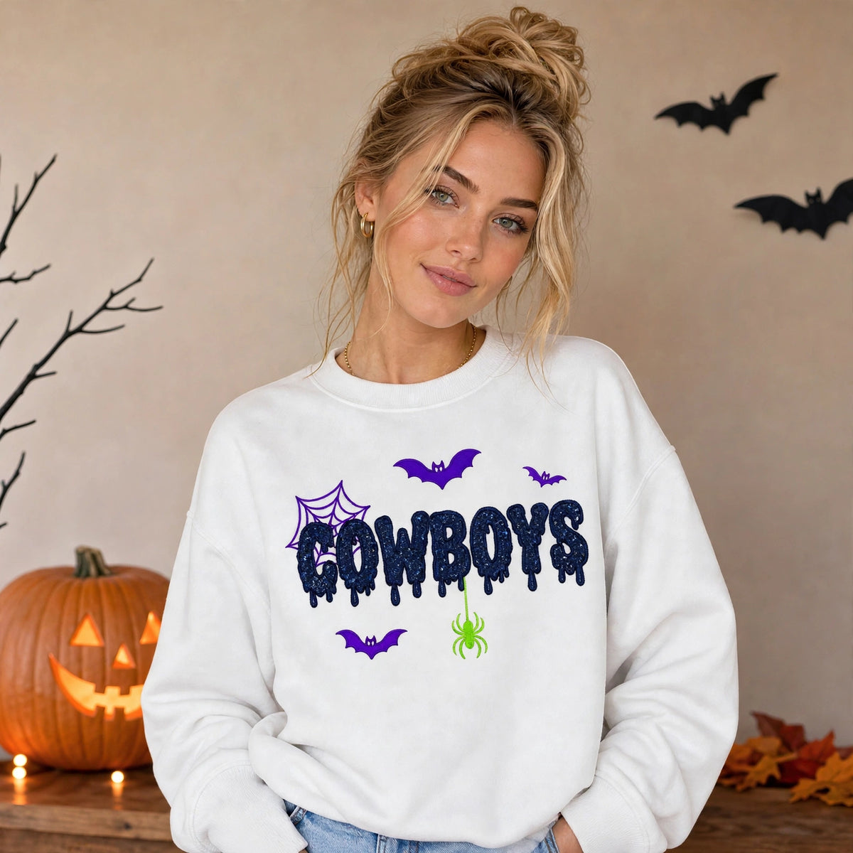 Personalized Halloween Team Name Glitter Embroidered Sweatshirt