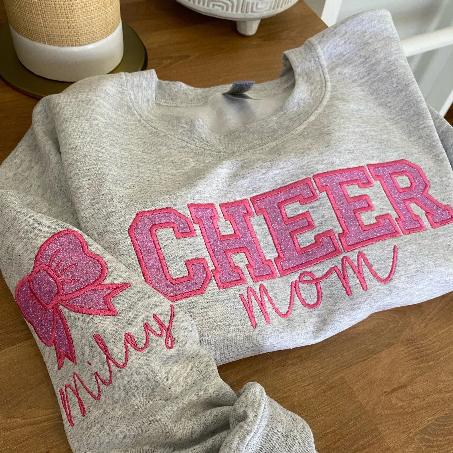 Custom Personalized Embroidered College Cheer Mom Sweatshirt with name on sleeve