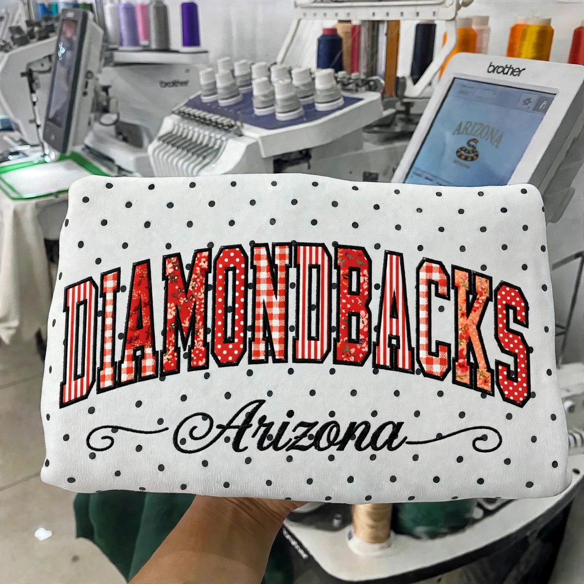 Custom Embroidered Patchwork Mix Fabric Baseball Team Polka Dot Sweatshirt | Game Day Wear