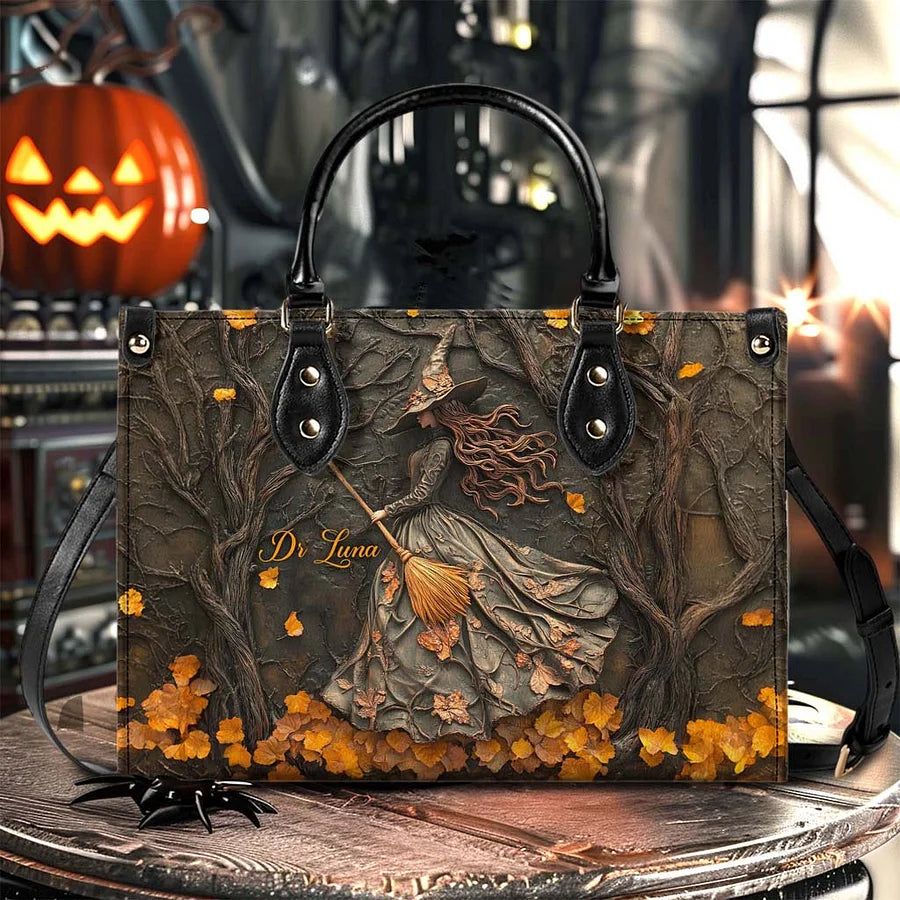 Personalized Halloween Witch Print 3D Leather Handbag, Fall Leather Handbag & Wallet