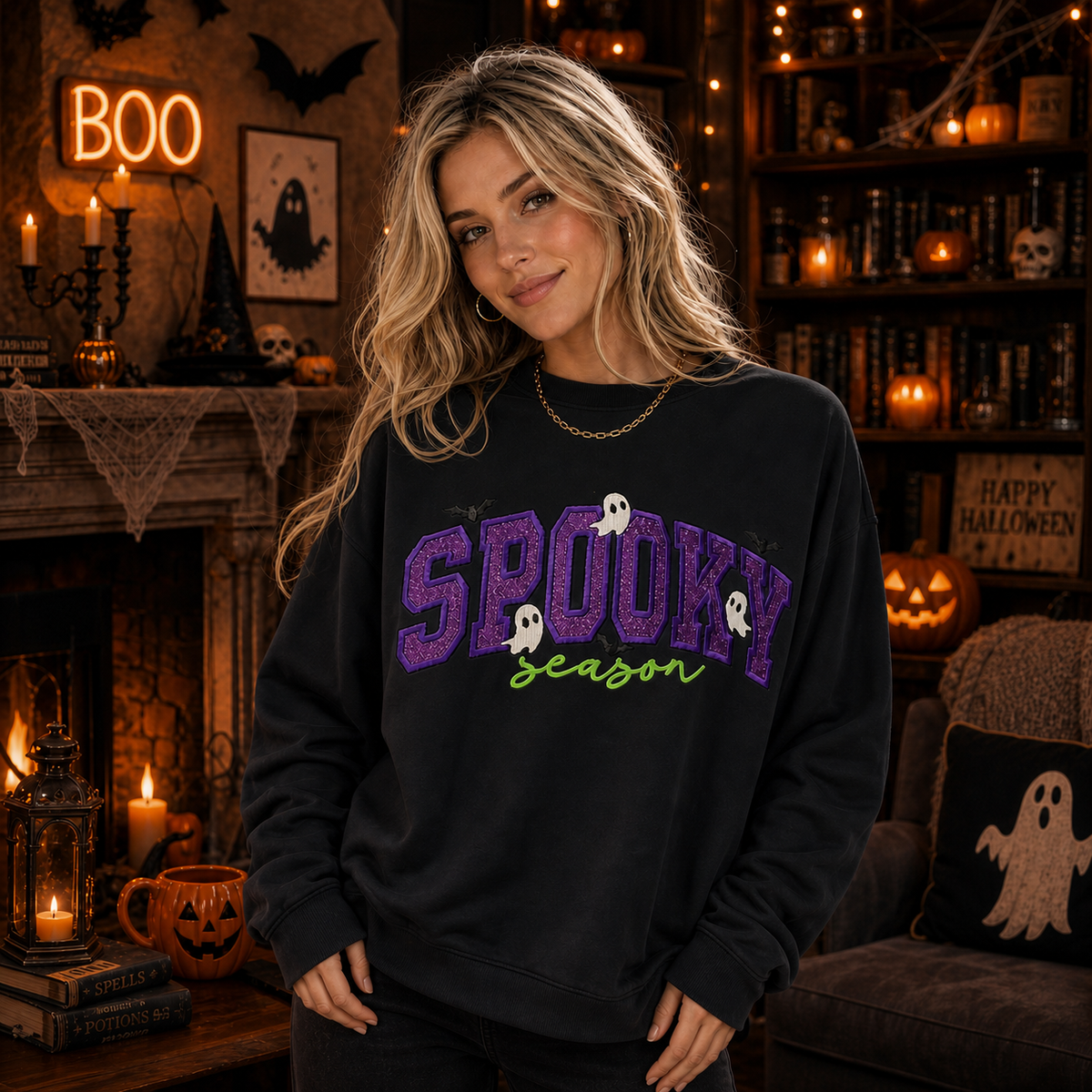 Custom Glitter SPOOKY Sweatshirt Personalized Embroidered Halloween Ghost Family Crewneck