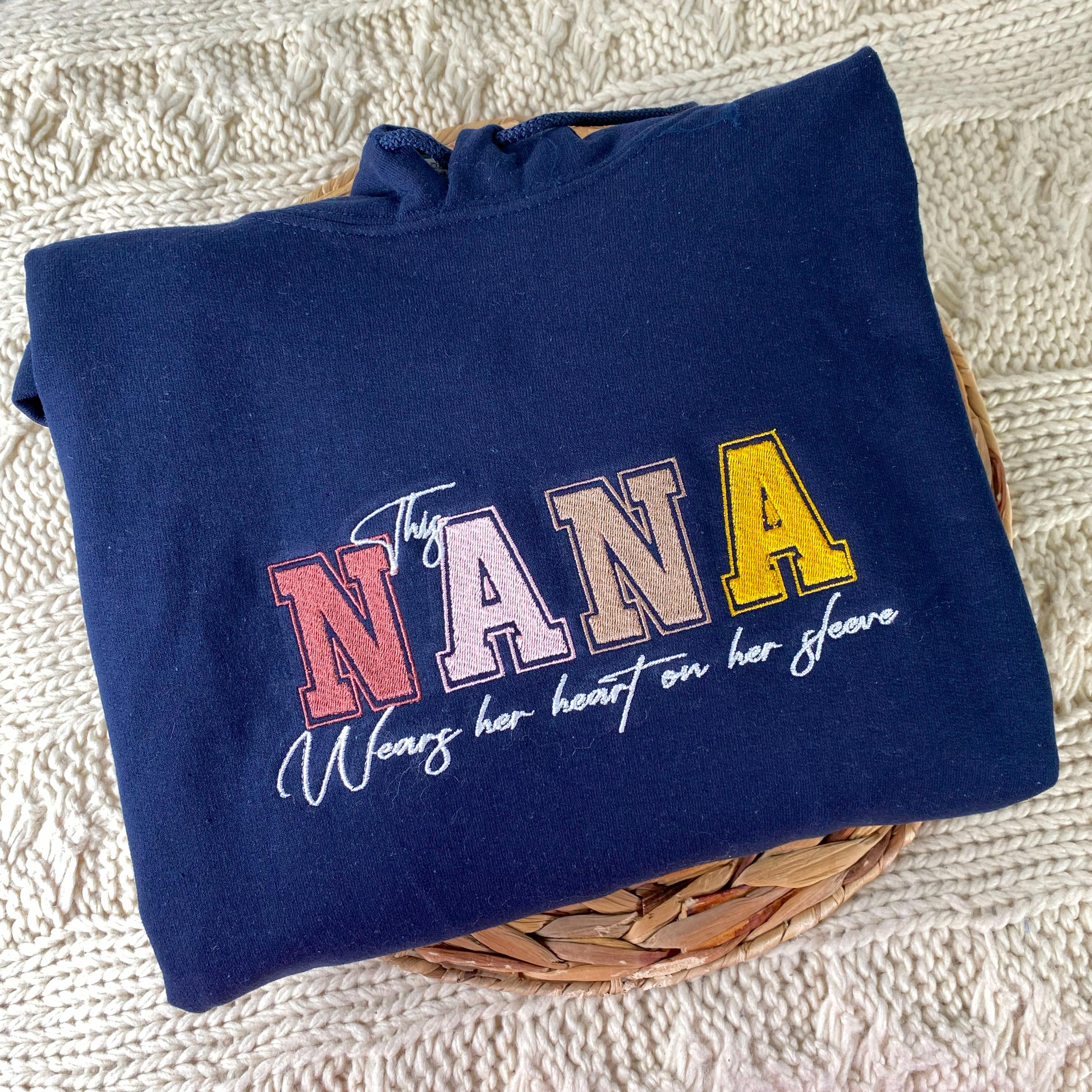 Custom This Nana Wears Her Heart On Her Sleeve Sweatshirt With Kids Name | Mother's Day Gift