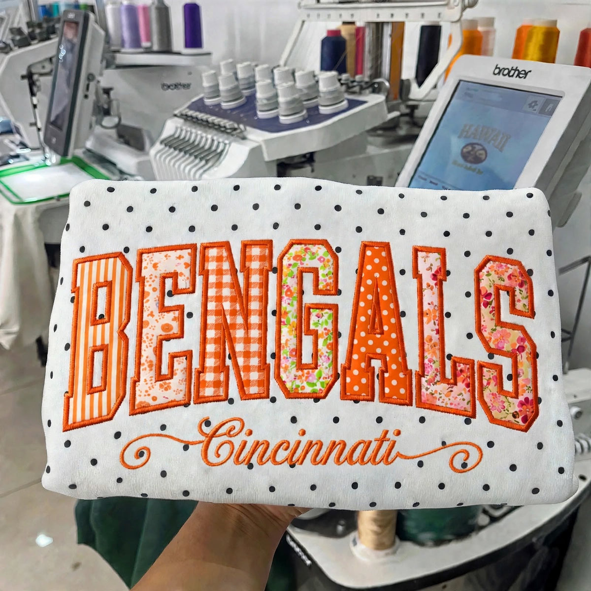 Custom Patchwork Fabric Embroidered Football Team Polka Dot Sweatshirt Game Day Wear