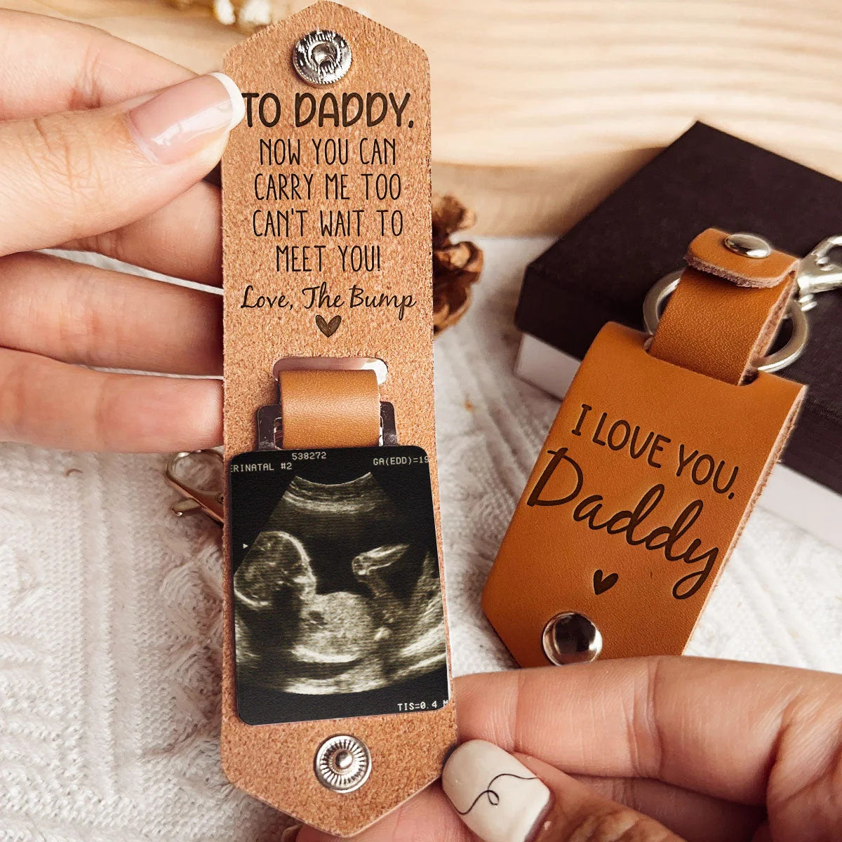 Daddy Can't Wait To Meet You From The Bump - Personalized Leather Photo Keychain For Dad