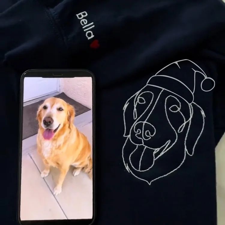 Custom Christmas Pet Face Sketch Embroidered Hoodie With Santa Hat | for Pet Lover