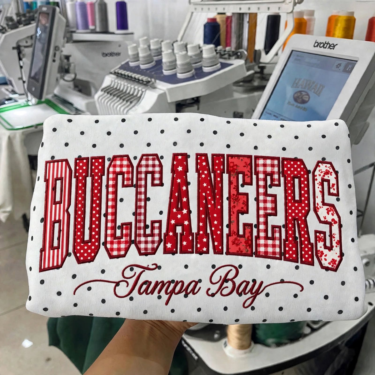 Custom Patchwork Fabric Embroidered Football Team Polka Dot Sweatshirt Game Day Wear