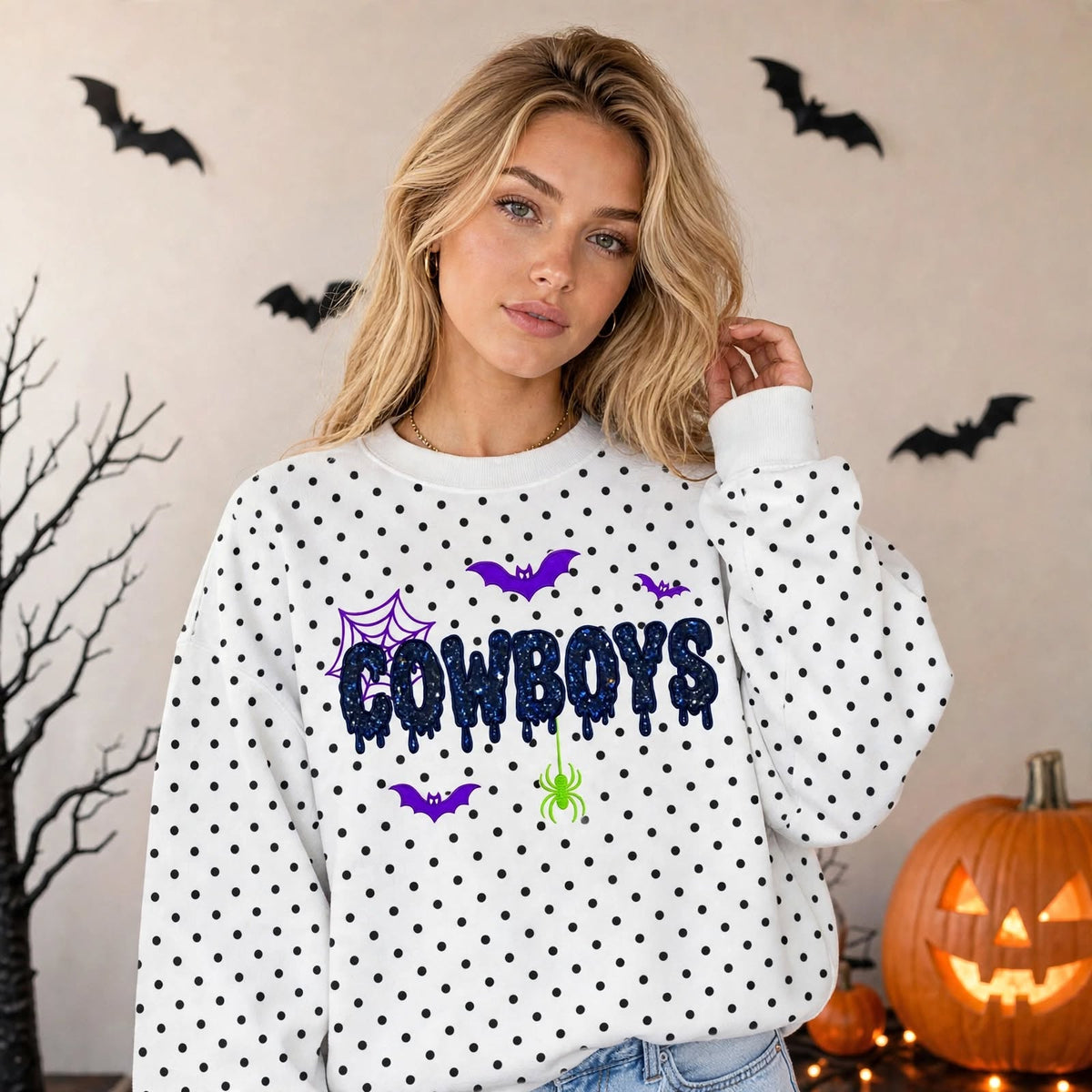 Personalized Halloween Team Name Glitter Embroidered Polka Dot Sweatshirt