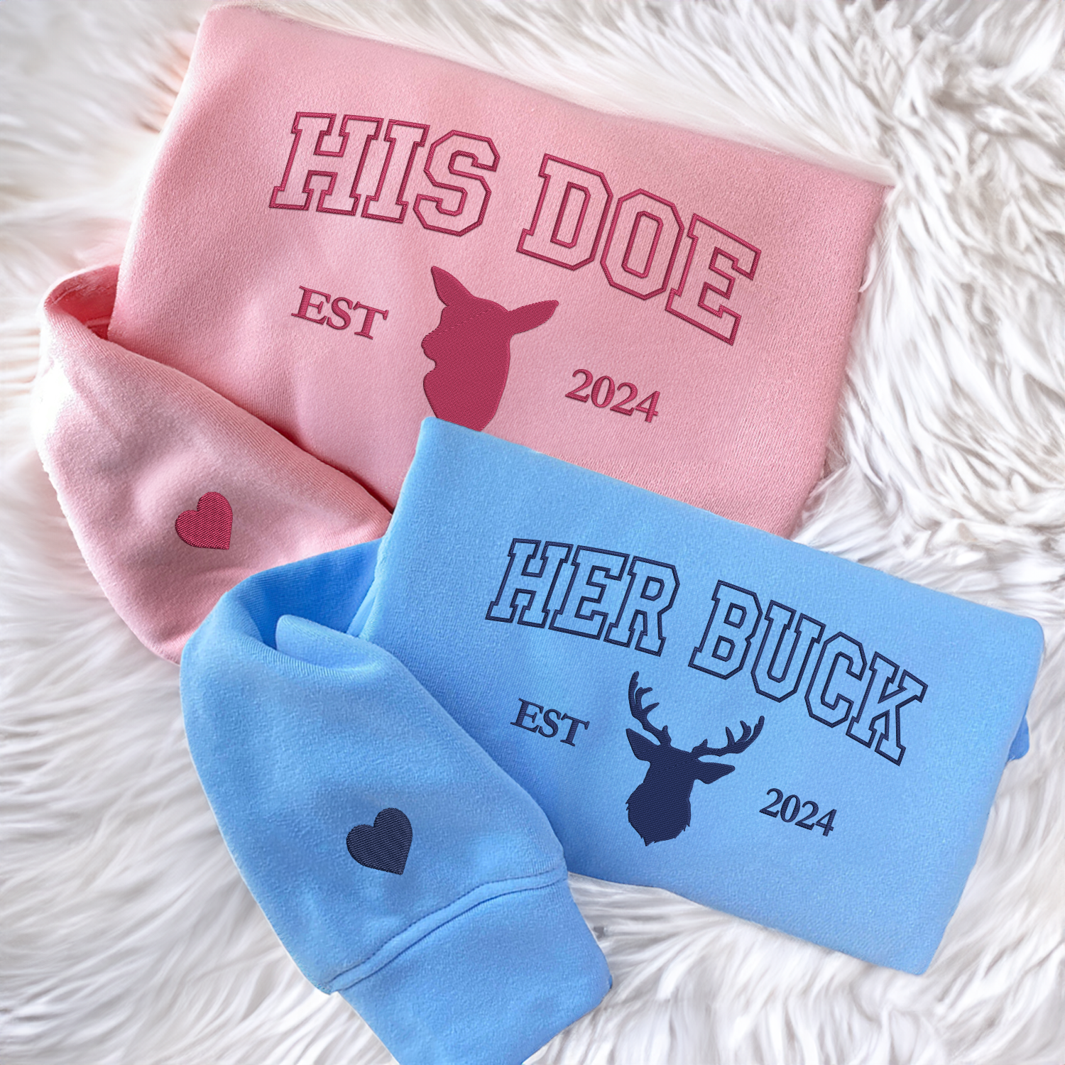 Custom Embroidered Doe Buck Est Year Matching Hoodies for Couples | Couple Anniversary Gift
