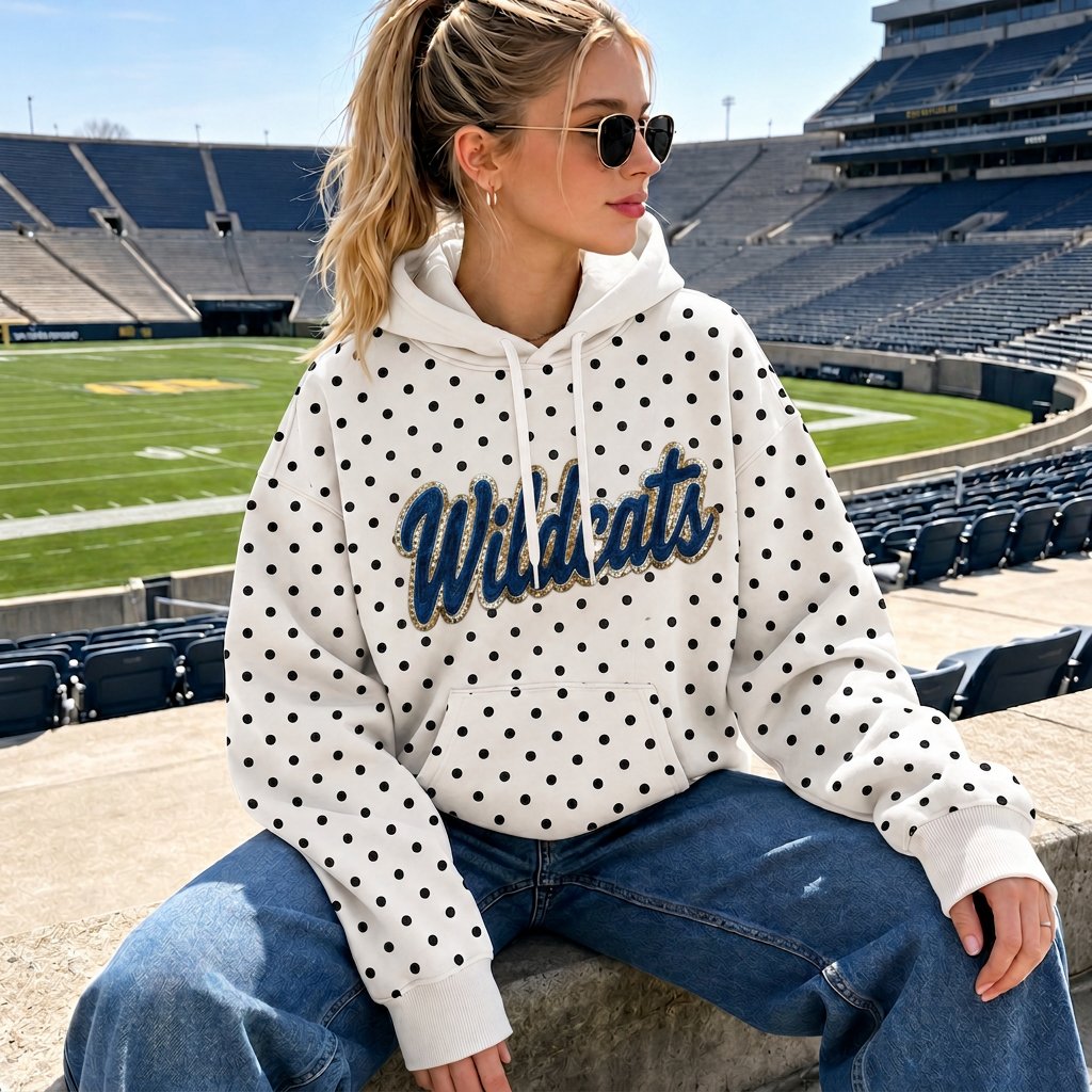 Custom Team Name Polka Dot Hoodie - Denim Applique Game Day Sweatshirt