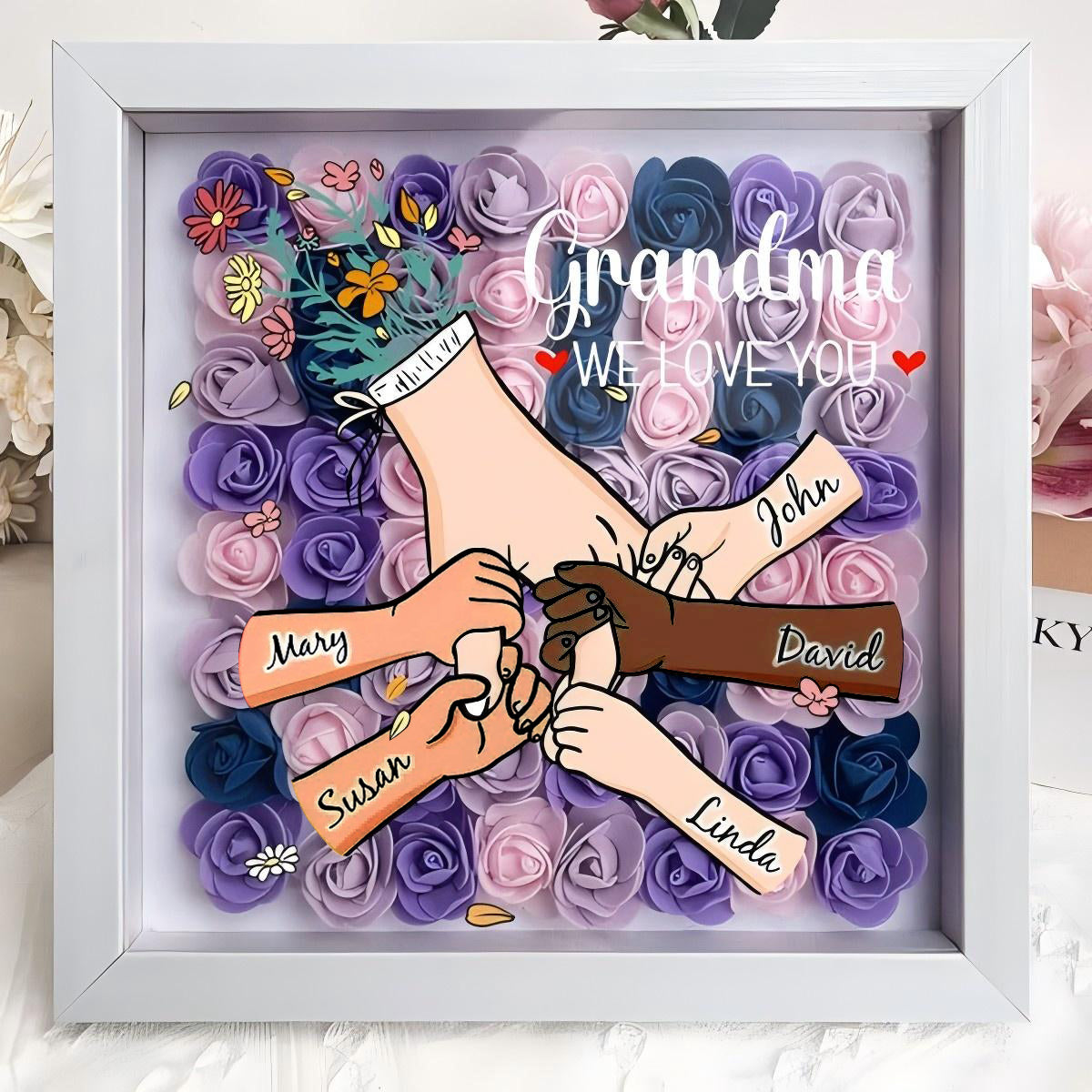 Custom Hand Holding Family Flower Shadow Box with Multiracial Family-Different Skin Tones | Mother’s Day gift