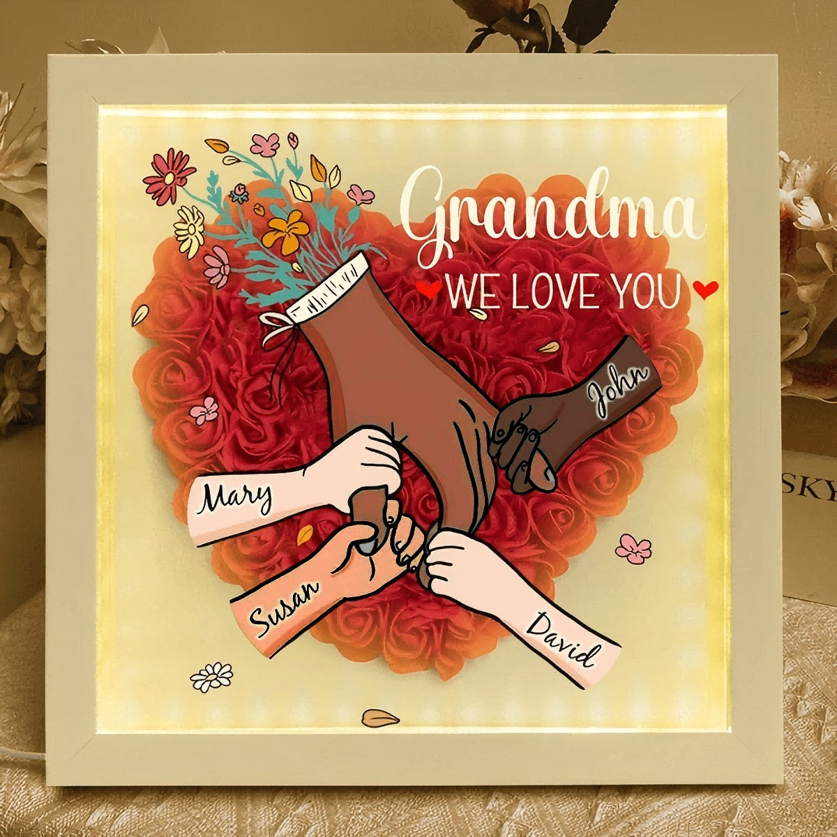 Custom Hand Holding Family Flower Shadow Box with Multiracial Family-Different Skin Tones | Mother’s Day gift