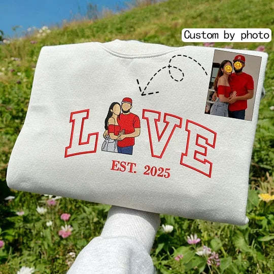 Custom Embroidered Couple Photo Portrait Hoodie With Anniversary Date | Gift For Him/Her