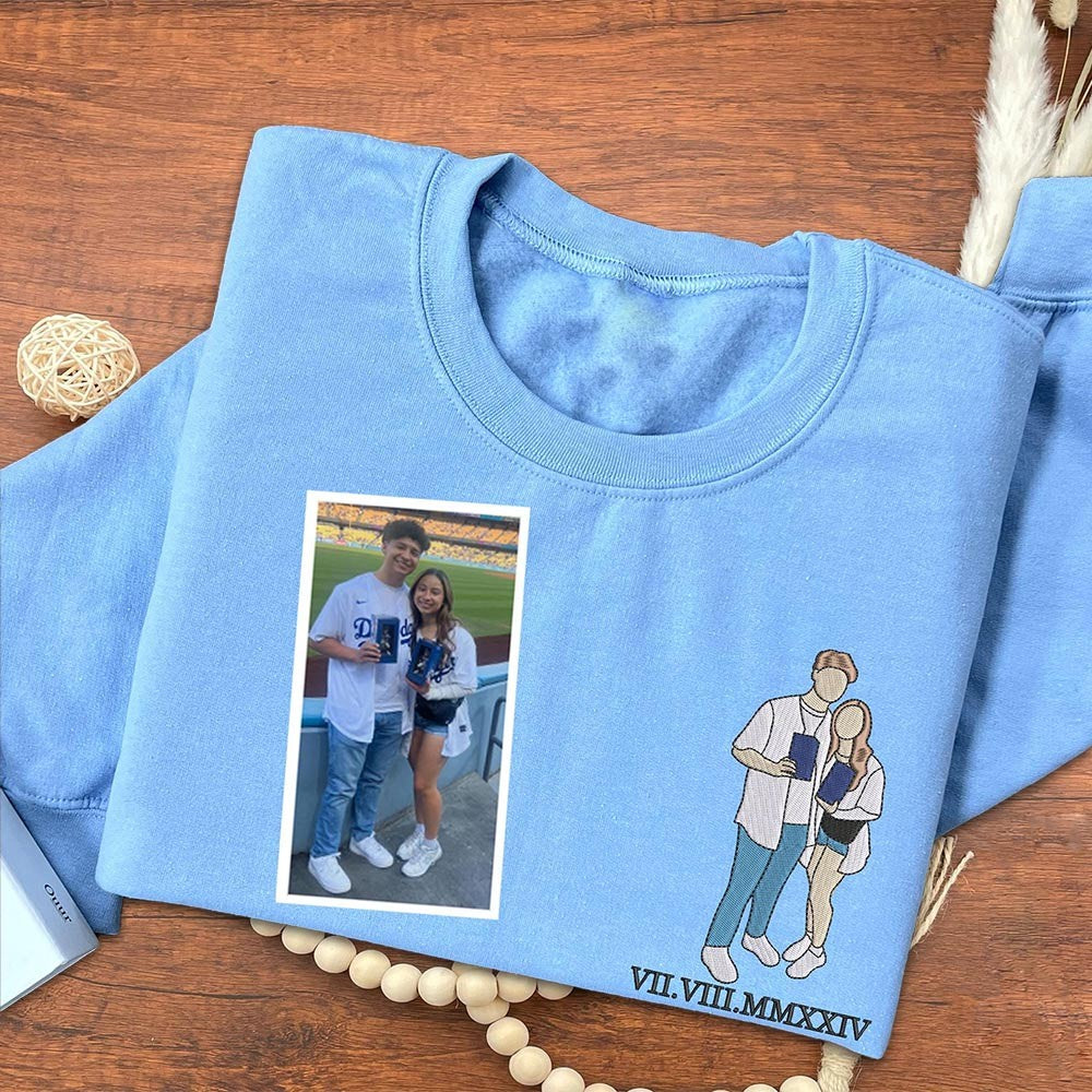 Custom Couple Embroidered Portrait Sweatshirt with Roman Numeral Anniversary Gifts Valentine's Day Gifts for Her