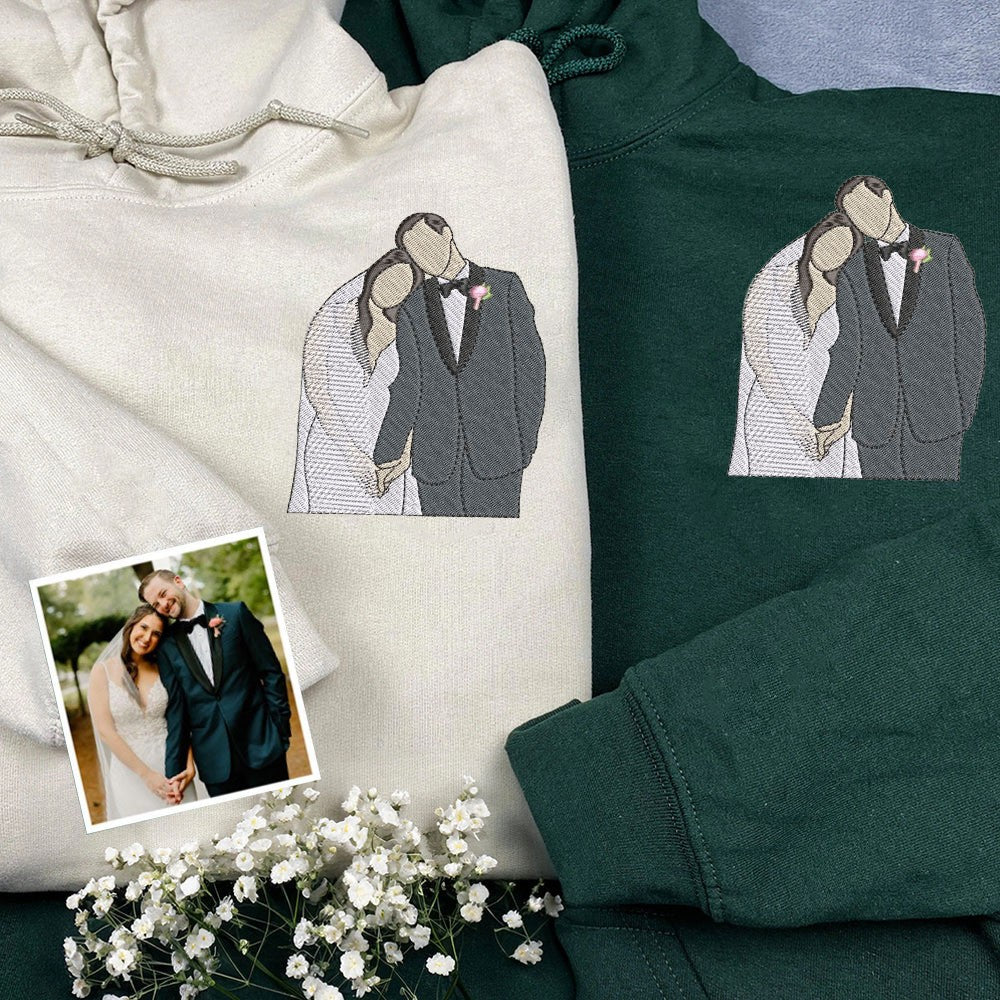 Custom Embroidered Photo Portrait Sweatshirt Matching Hoodie for Couple Anniversary Gift Ideas Valentine's Day Gifts