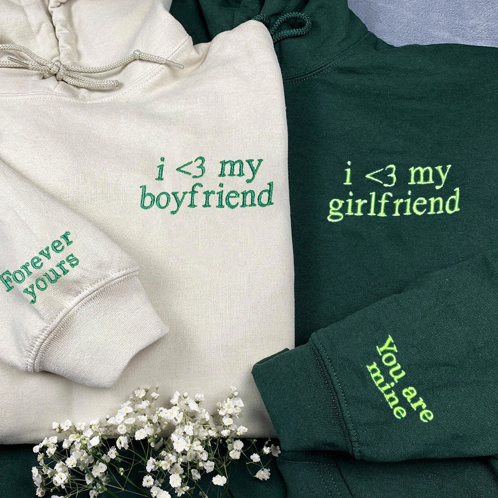 Custom Embroidered I Love My Girlfriend Boyfriend Couple Matching Hoodie Anniversary Gifts for Wife Valentine's Day Gifts