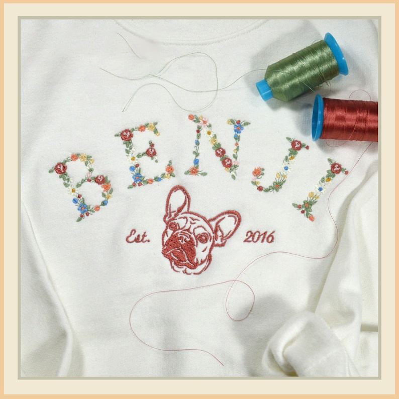 Custom Floral Embroidered Dog Sweatshirt with Dog Photo and Name