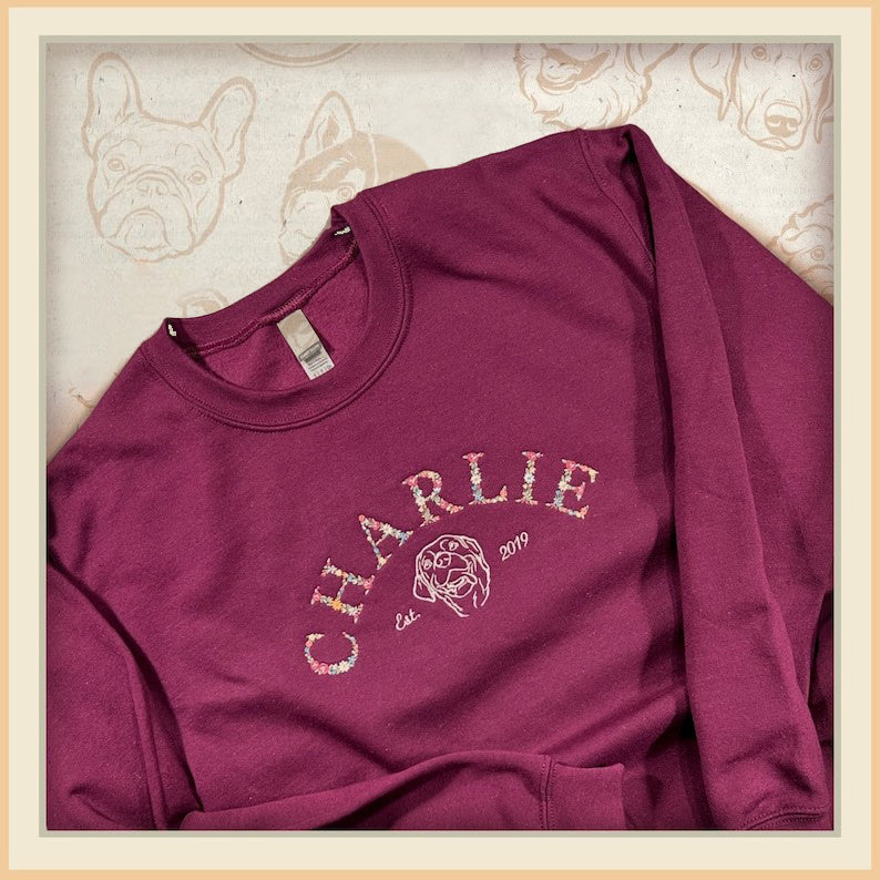 Custom Floral Embroidered Dog Sweatshirt with Dog Photo and Name