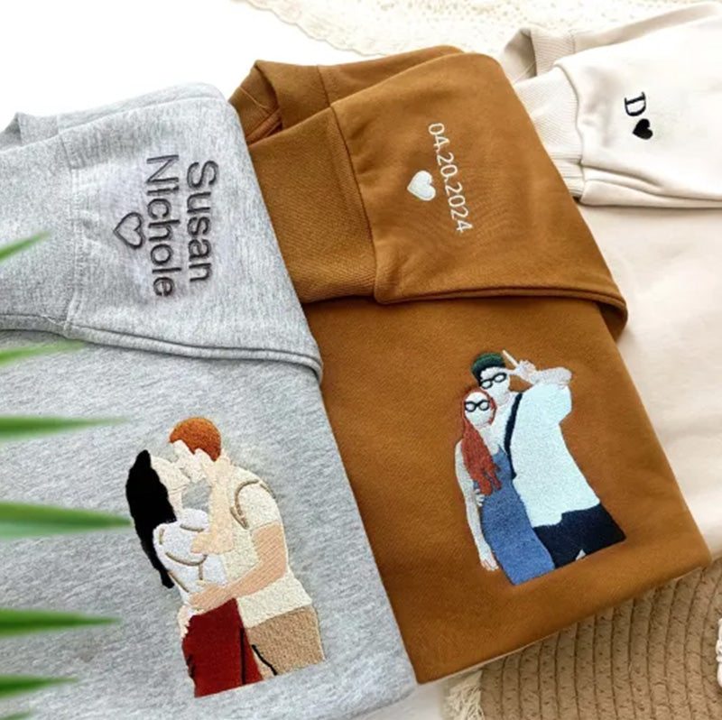Custom Couple Embroidered Sweatshirts | Custom Embroidered Hoodies | Custom Photo Portraits