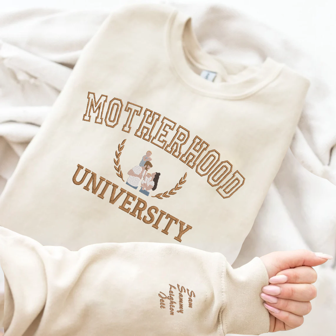 Mother's Day Motherhood University Personalized Embroidered Family Photo Hoodie Sweatshirt T-Shirt | Gift for Mom