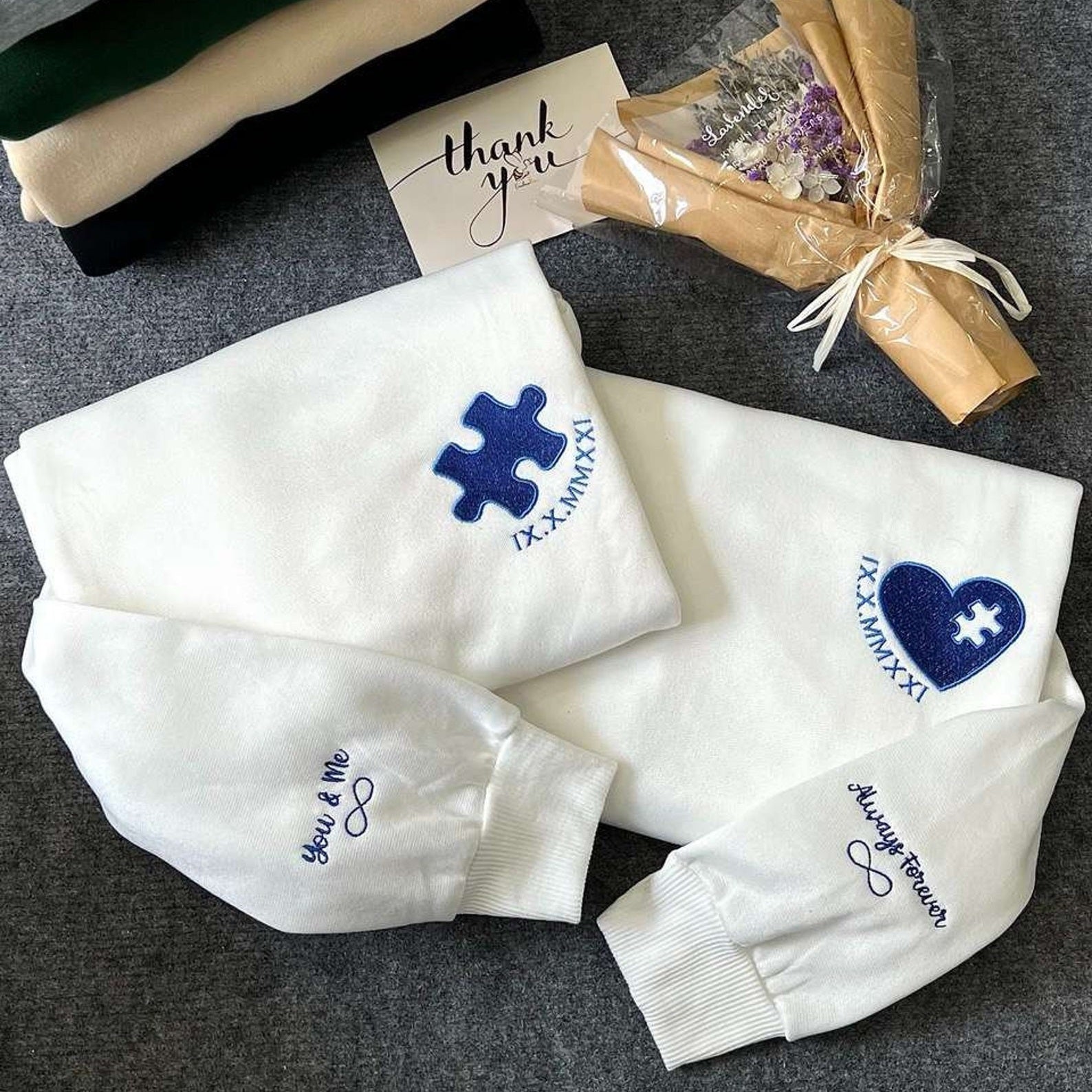 Custom Personalized Heart and Puzzle with Roman Numeral Embroidered Couple Sweatshirt, Matching Couple Hoodie, Anniversary Gift