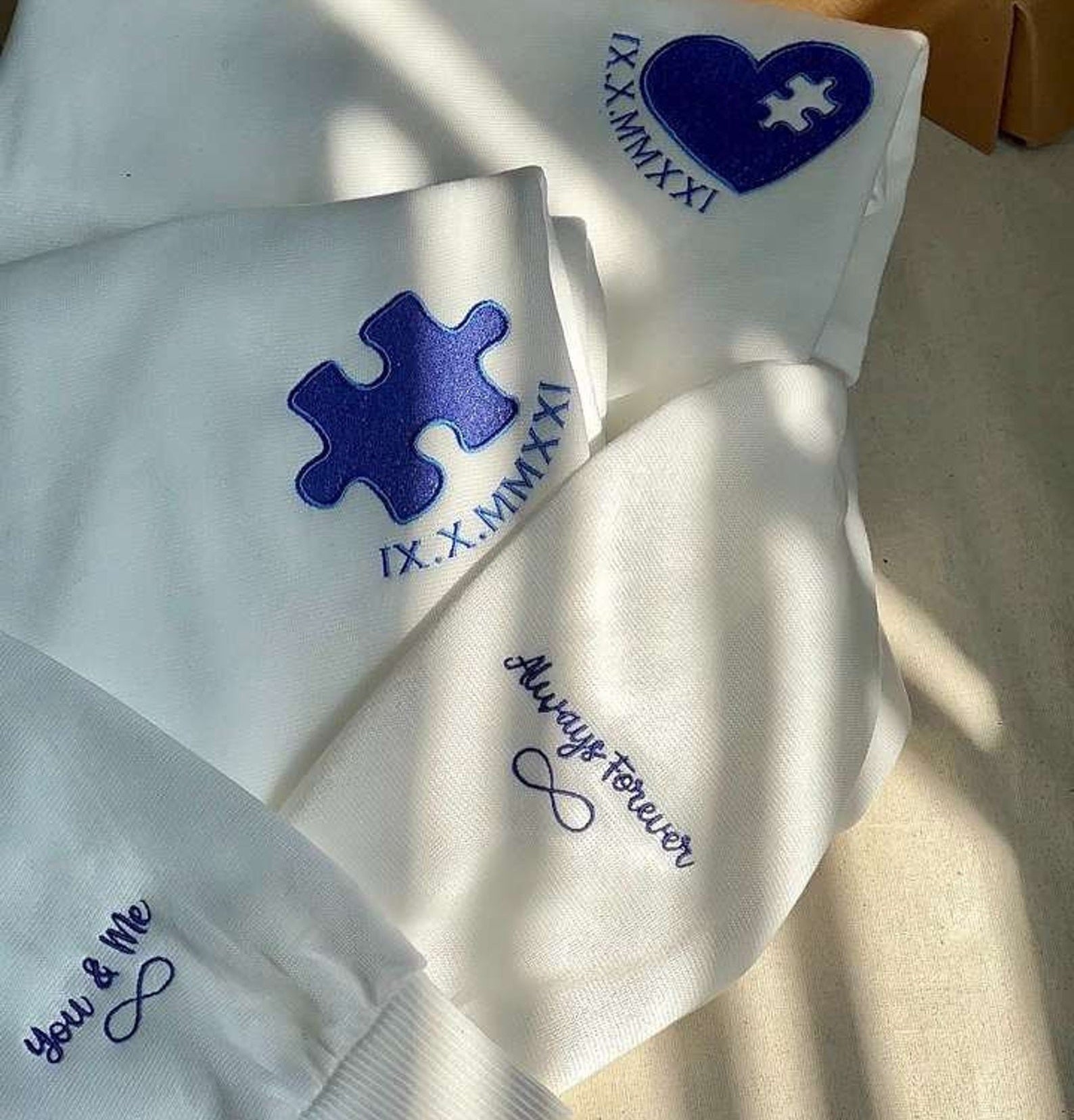 Custom Personalized Heart and Puzzle with Roman Numeral Embroidered Couple Sweatshirt, Matching Couple Hoodie, Anniversary Gift