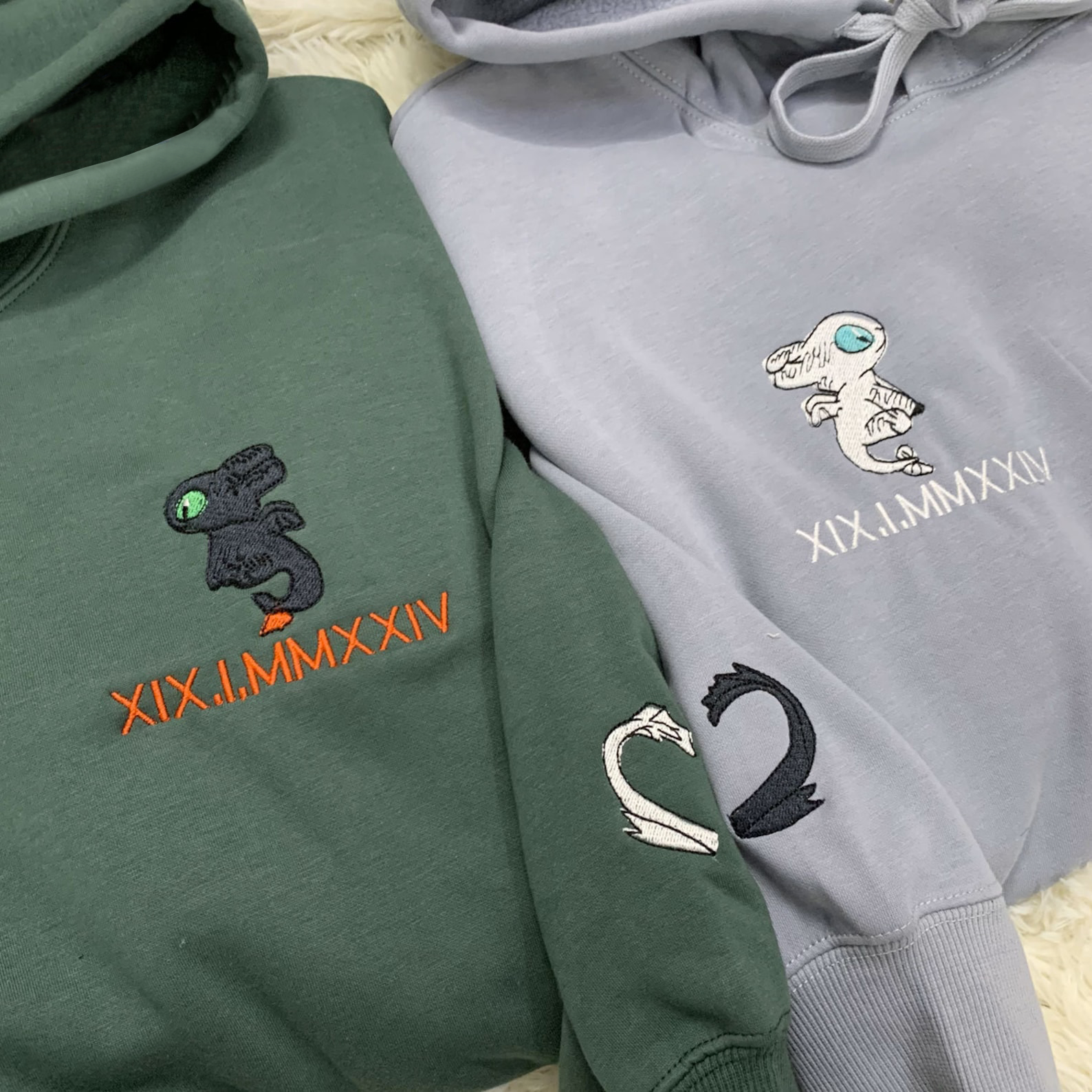 Custom Embroidered Roman Numeral Dragon Design Couple Sweatshirts | Valentine Gift