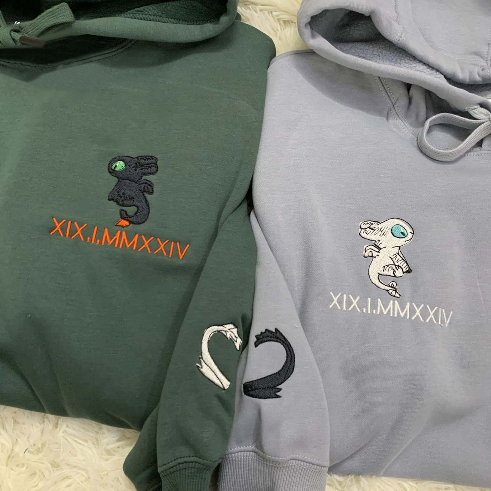 Custom Embroidered Roman Numeral Dragon Design Couple Sweatshirts | Valentine Gift