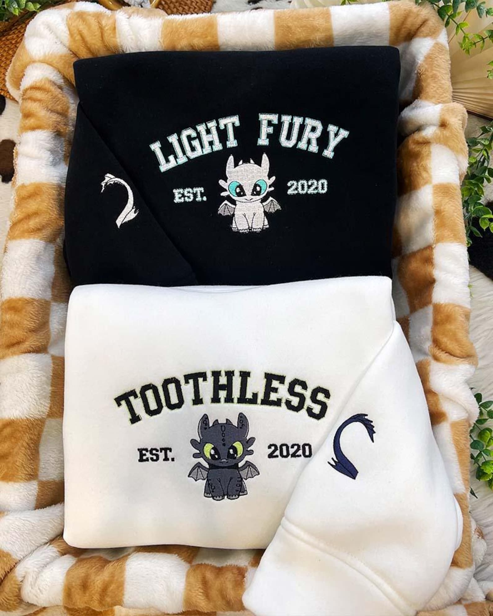 Custom Embroidered Toothless And Light Fury Couple Sweatshirt, Couple Gift For Her Him