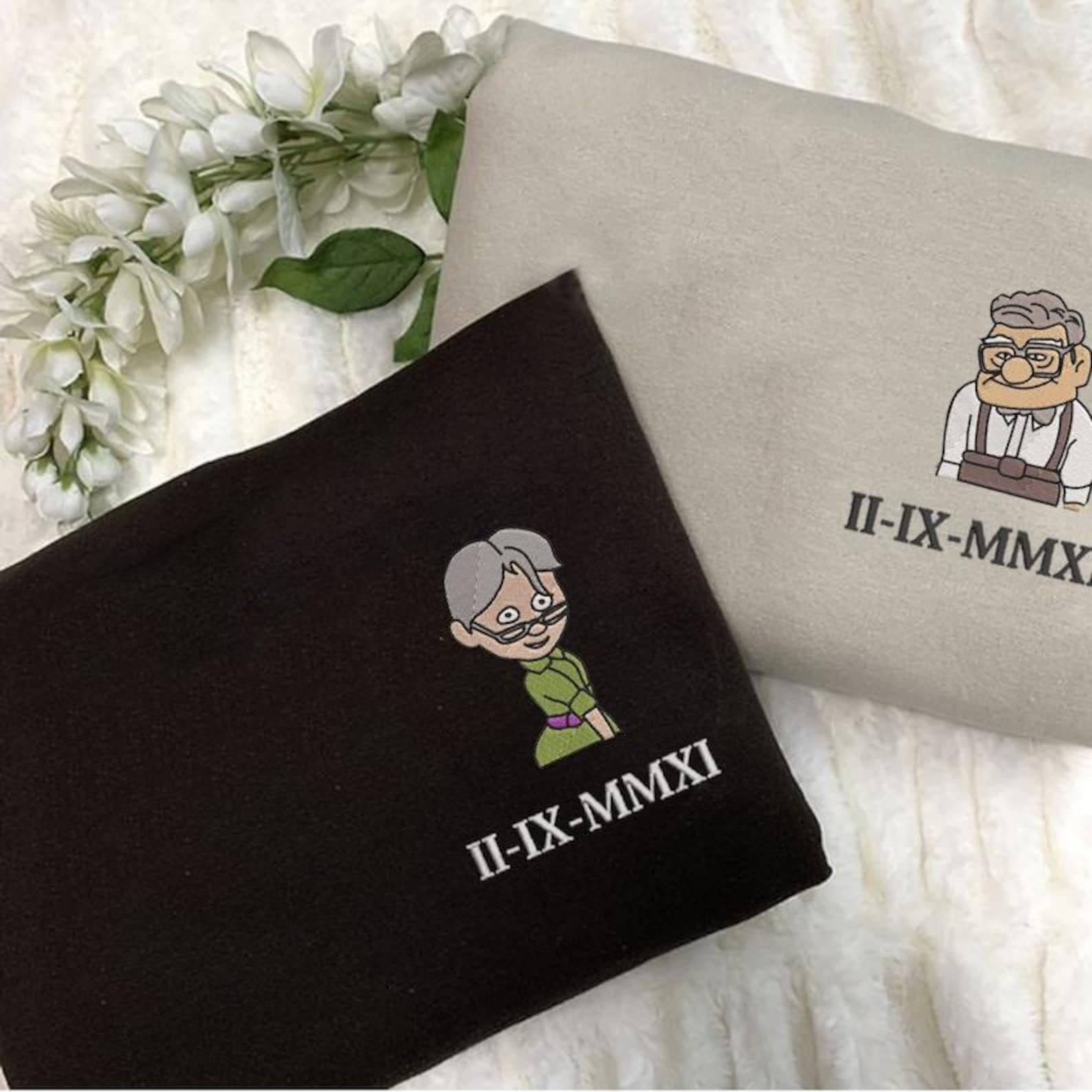Custom Ellie and Carl Matching Couple Embroidered Roman Numeral Sweatshirt, Valentine's Day Gift