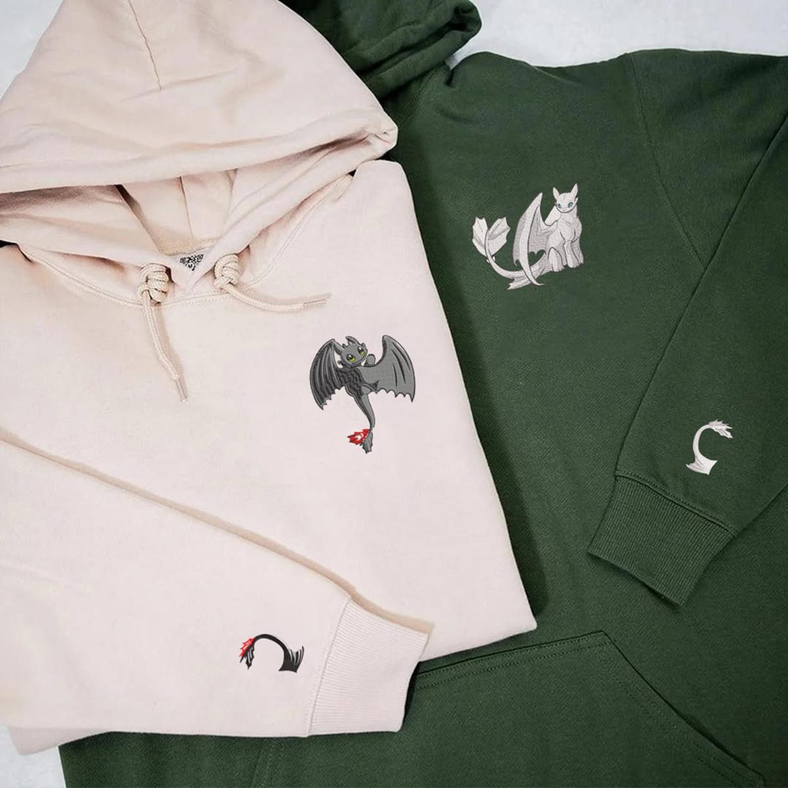 Custom Embroidered Toothless And Light Fury Couple Hoodie | Couple Gift For Her Him