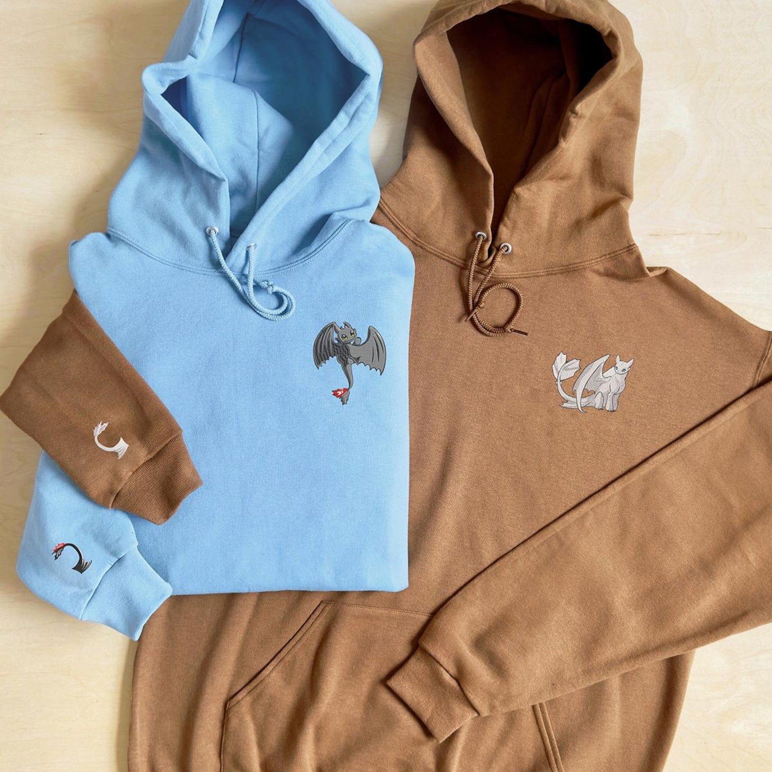 Custom Embroidered Toothless And Light Fury Couple Hoodie | Couple Gift For Her Him