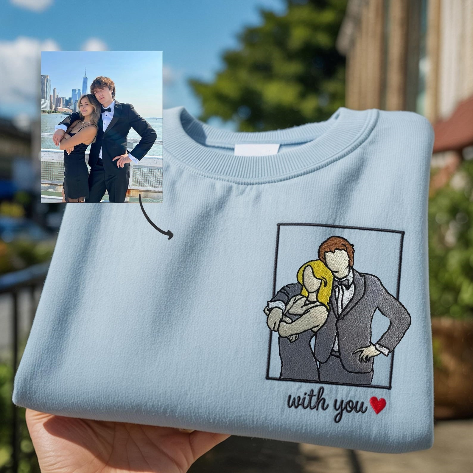 Custom Full Color Embroidered Couple Photo Sweatshirt | Personalized Couple Portrait Gift for Anniversary