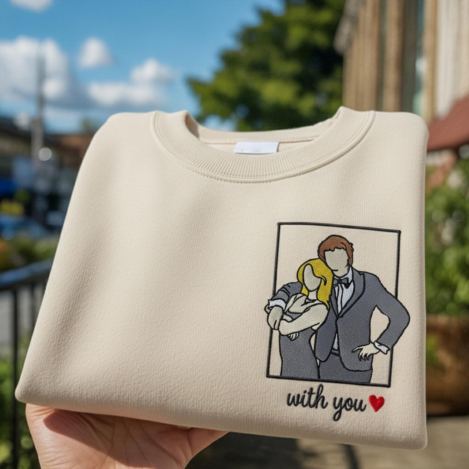 Custom Full Color Embroidered Couple Photo Sweatshirt | Personalized Couple Portrait Gift for Anniversary