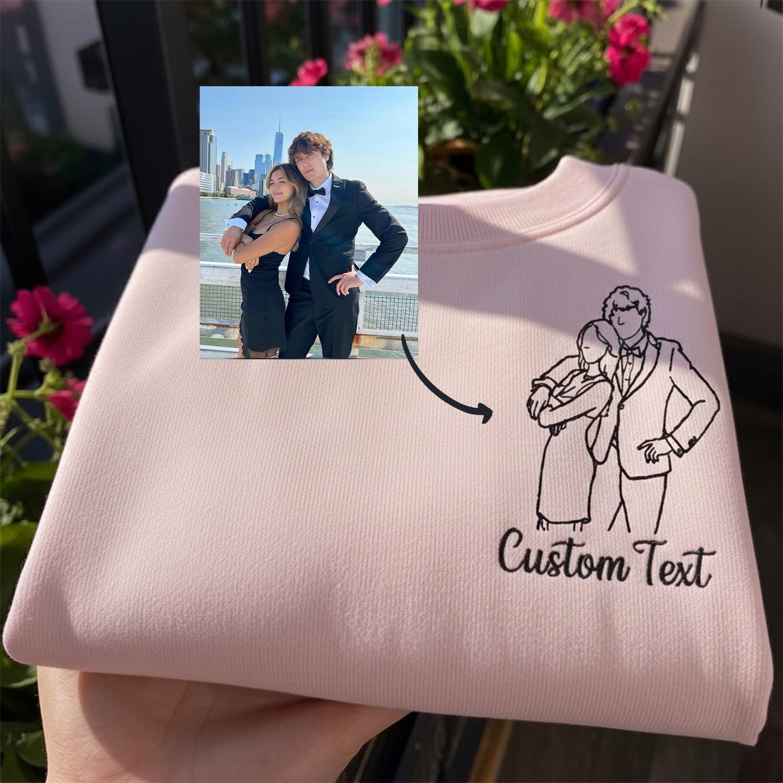 Custom Outline Embroidered Couple Portrait Sweatshirt | Personalized Photo Gift for Anniversary