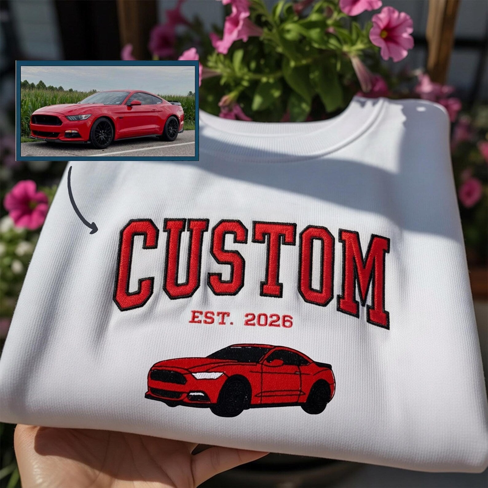 Custom Car Photo Embroidered Sweatshirt Hoodie Gift for Him